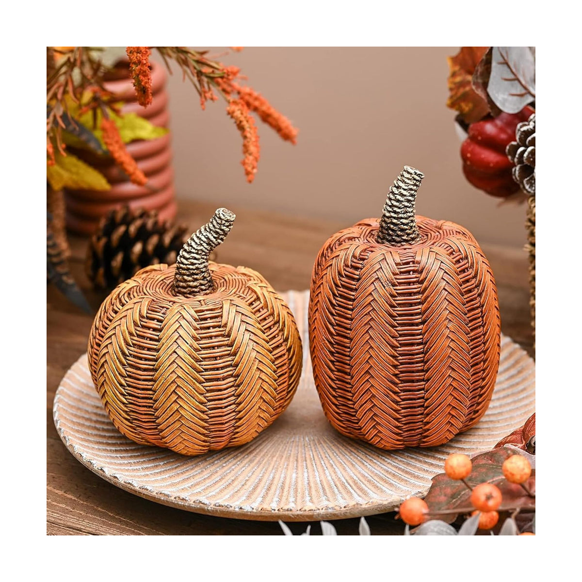 Valery Madelyn Thanksgiving Fall Decoration for Home Pumpkin Decor, 2pcs Resin Statue Artificial Rattan Pumpkins Figurine, Autumn Harvest Halloween Table Centerpieces, 6.2 inch