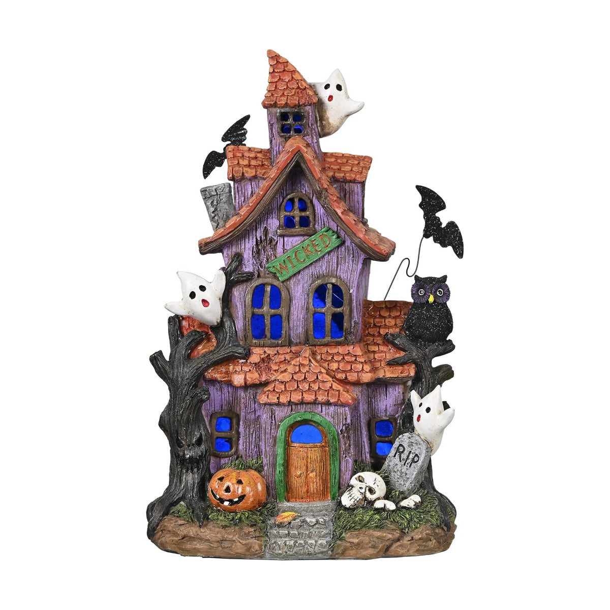 Valery Madelyn Halloween Decorations, Lighted Halloween Village Houses with LED Lights, Resin Spooky Town Happy Haunted House for Home and Party Table Desk Mantel, 12 Inch