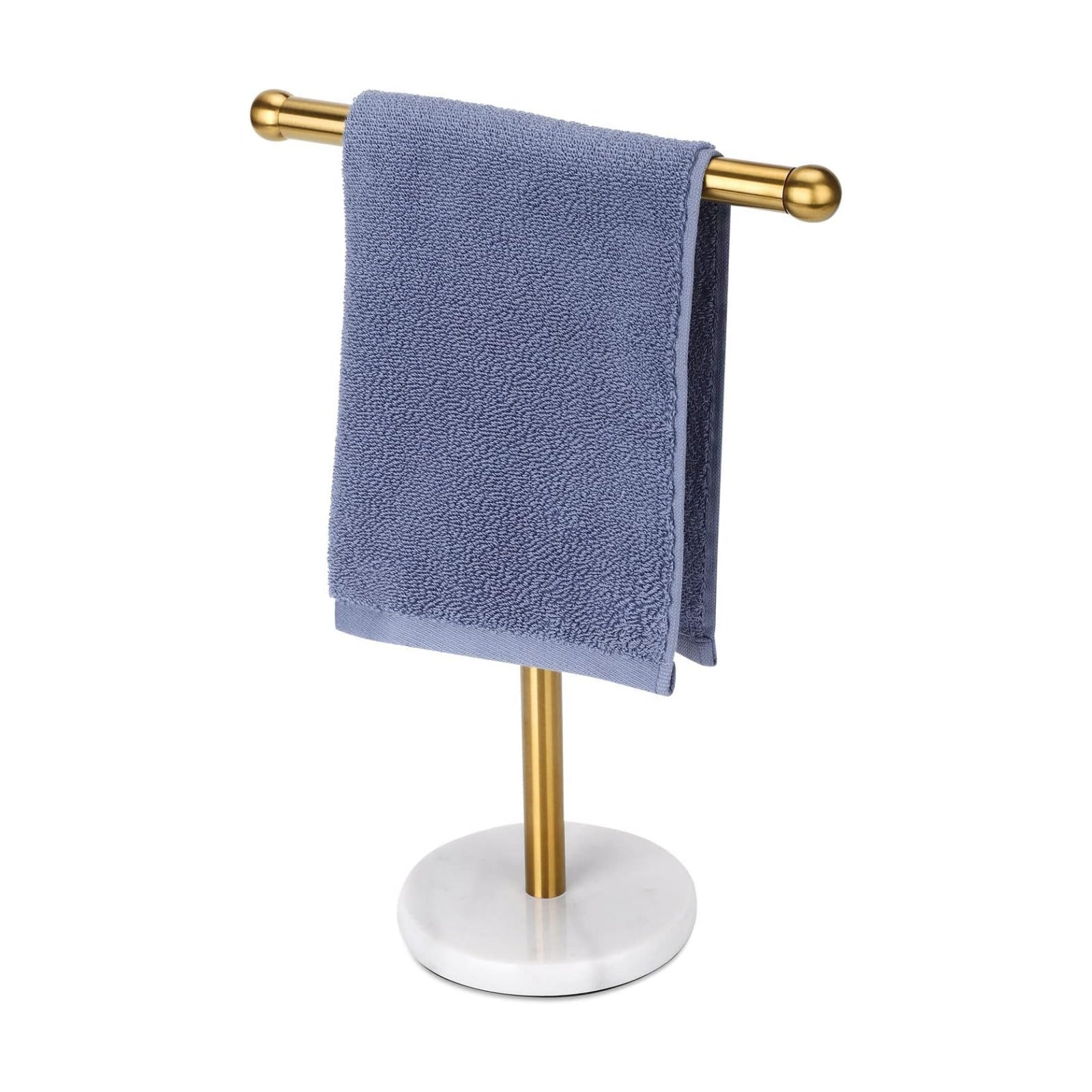 Gold Hand Towel Holder Stand with Heavy Marble Base, T-Shape Towel Rack, Free-Standing for Bathroom Vanity Countertop