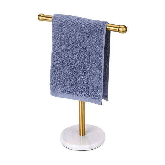 Gold Hand Towel Holder Stand with Heavy Marble Base, T-Shape Towel Rack, Free-Standing for Bathroom Vanity Countertop