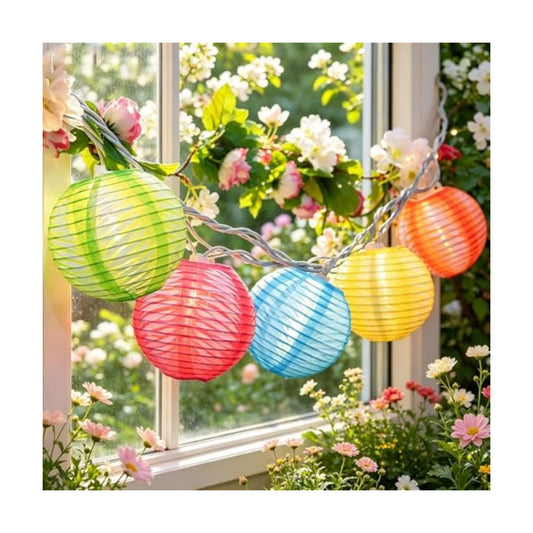 Abeja Nylon Lantern String Lights 8.5 Ft Colorful Print Pattern Light with 10 Multicolor Lanterns for Garden Decorative Lights Indoor Outdoor Patio Party Wedding Bistro Bar Backyard, White Wire