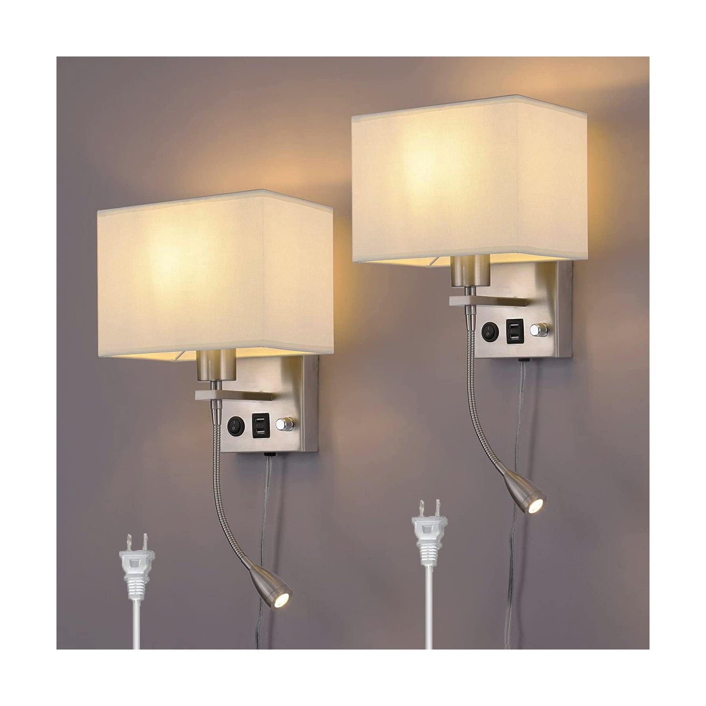 2-Pack Bedside Lights, Plug in Wall Sconce with Two USB Charging Ports, Dimmable Reading Lamp with Fabric Shade and