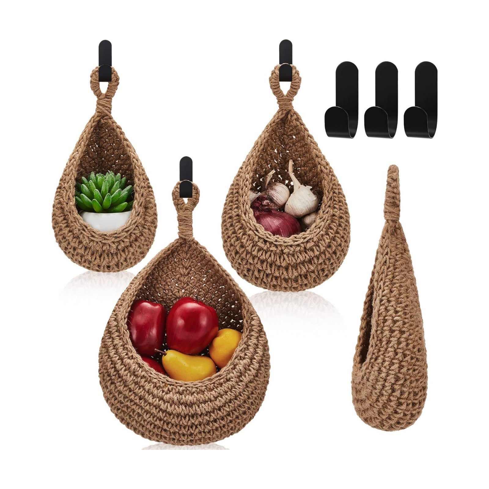 Boho Decor Hanging Wall Baskets / Linen / Jute / Teardrop / Set of 3