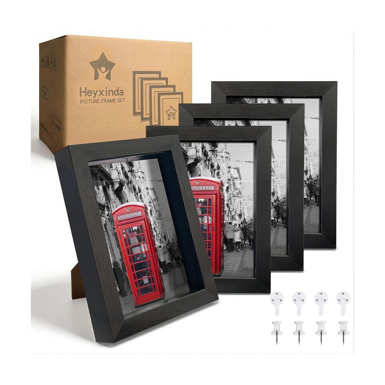 5x7 Shadow Box Picture Frame, 4-Pack Linen Back, Keepsake, Black | Wooden Display Cases, 2 Ways to Display, Crystal