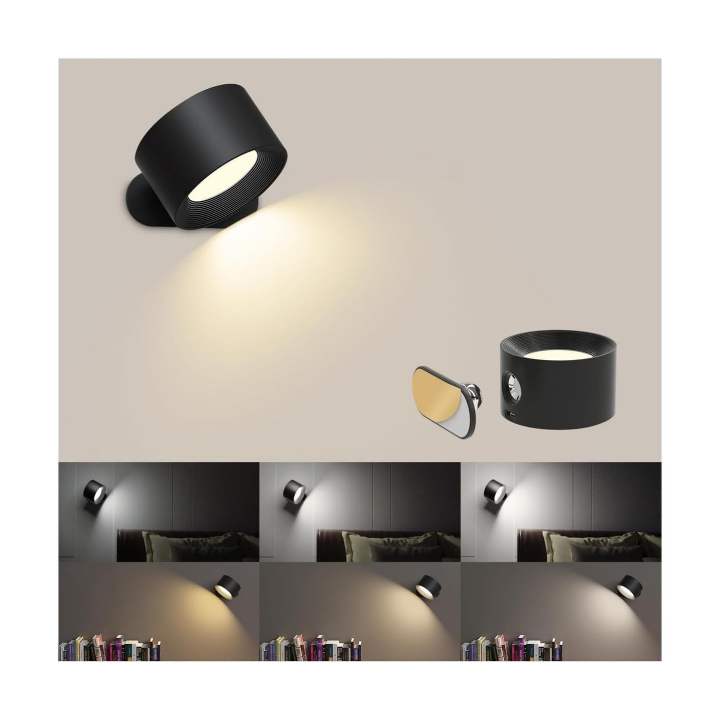 AKSDA Battery Operated Wall Sconce, LED Reading Light, 360-Degree Rotation Magnetic Mounting Rechargeable Cordless Wall