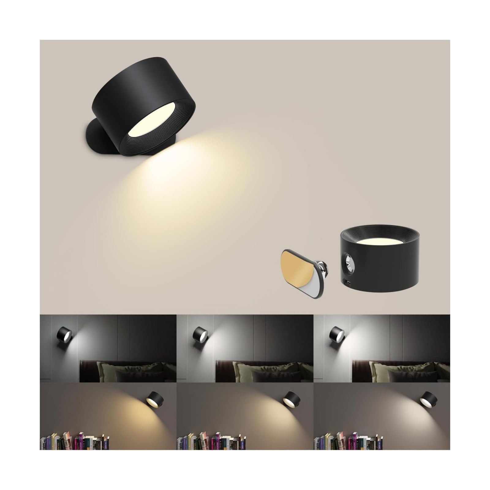 AKSDA Battery Operated Wall Sconce, LED Reading Light, 360-Degree Rotation Magnetic Mounting Rechargeable Cordless Wall