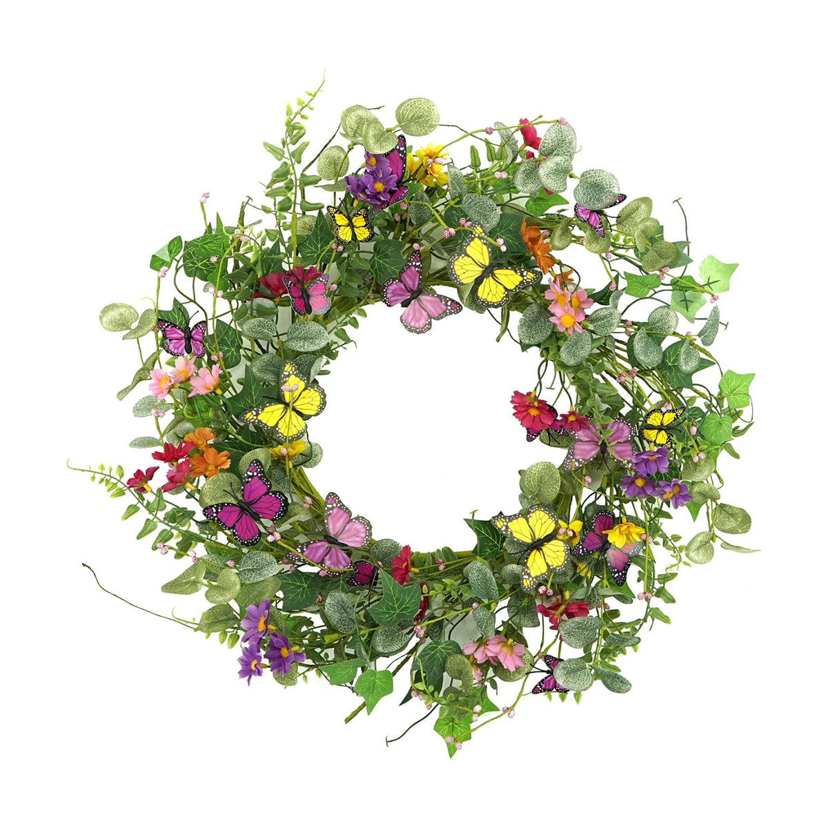 20" Artificial Spring Summer Wreath with Fake Butterflies,Eucalyptus Leaves,Daisy,Dry Vine Branches,Fern Leaves for Front Door Indoor Outdoor Farmhouse Wall Holiday Decor, White Gift Box Included