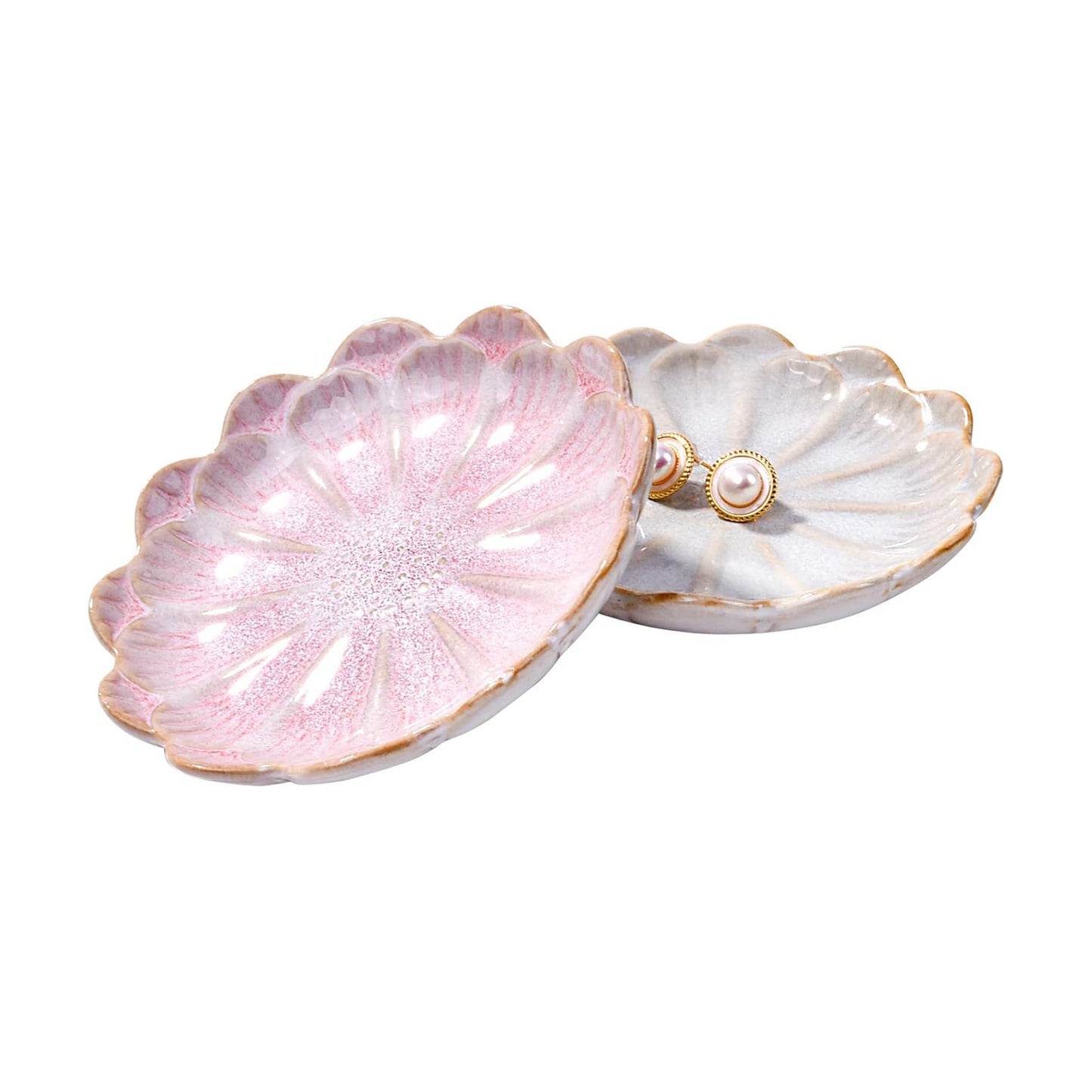 Ceramic Ring Dish Holder Jewelry Tray Trinket Dish Vintage Lotus Shaped / White and Pink / Set of 2