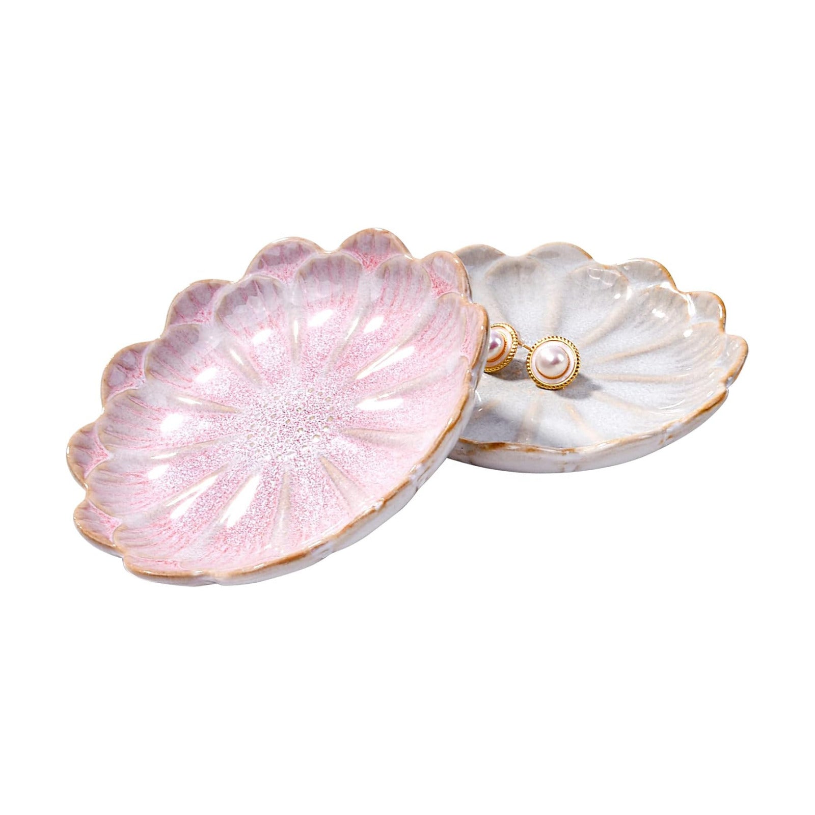 Ceramic Ring Dish Holder Jewelry Tray Trinket Dish Vintage Lotus Shaped / White and Pink / Set of 2