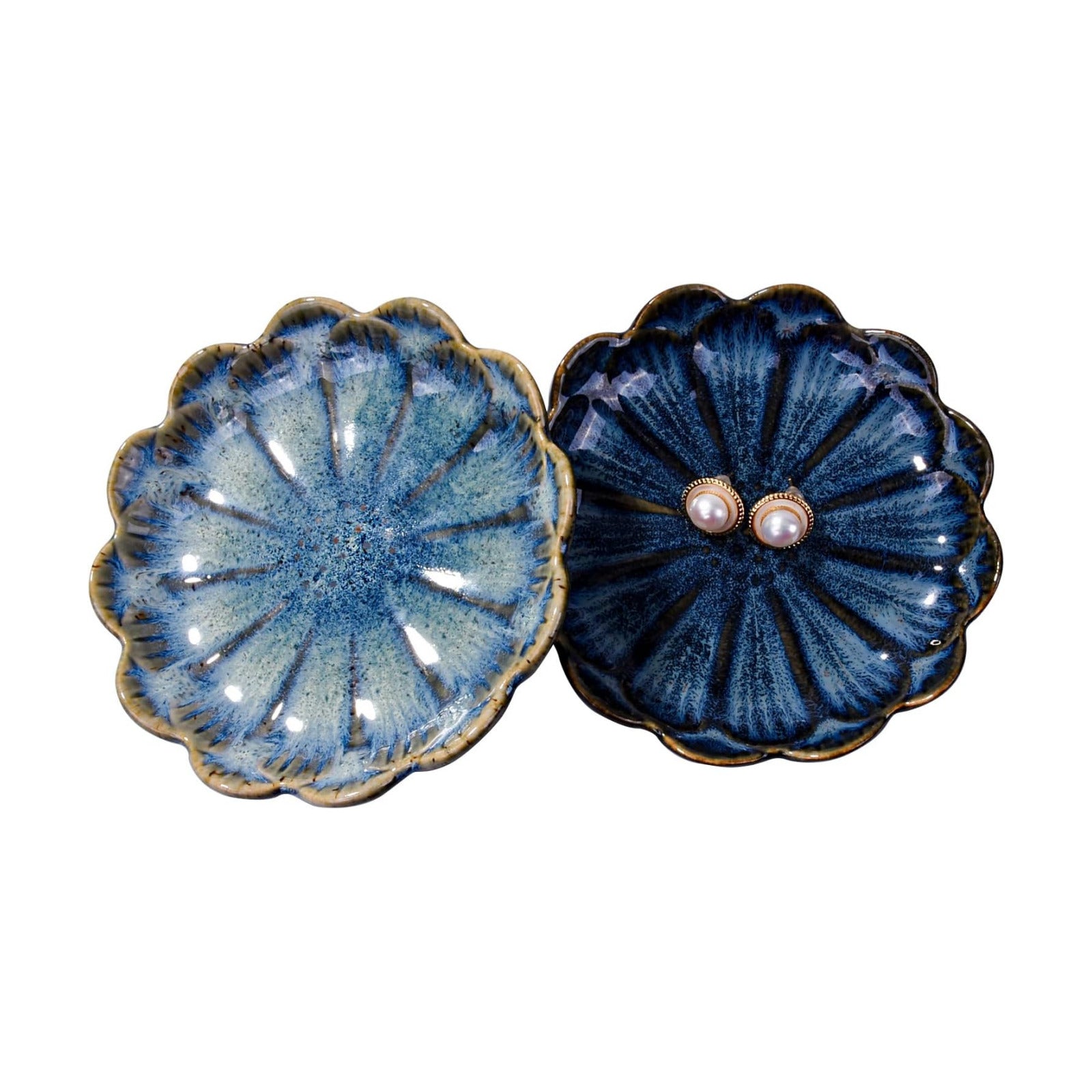 Ceramic and Green Flower Jewelry Tray / Blue / Set of 2