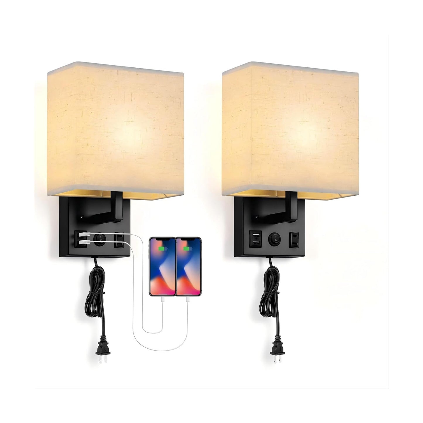 BTY Modern Wall Sconces Set of 2, Wall Lamps Bedroom Plug in with USB Charging Ports AC Socket Sconces Wall Lighting