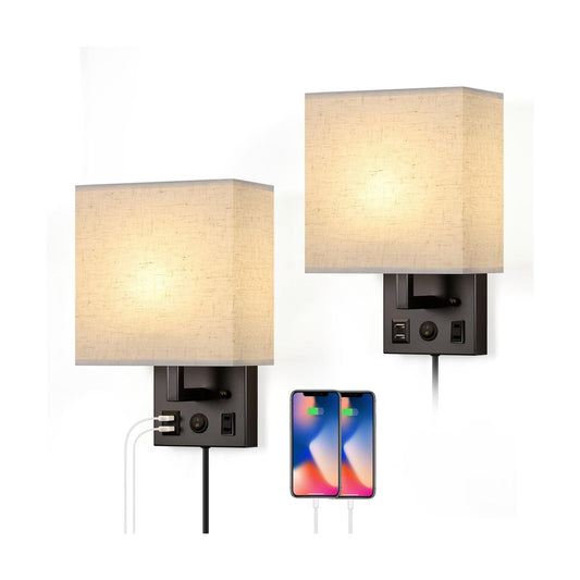 Vrisa Wall Sconces Wall Lamps for Bedrooms Set of 2 Plug in Bedside Lights Wall Mounted with USB Ports Outlet Wall