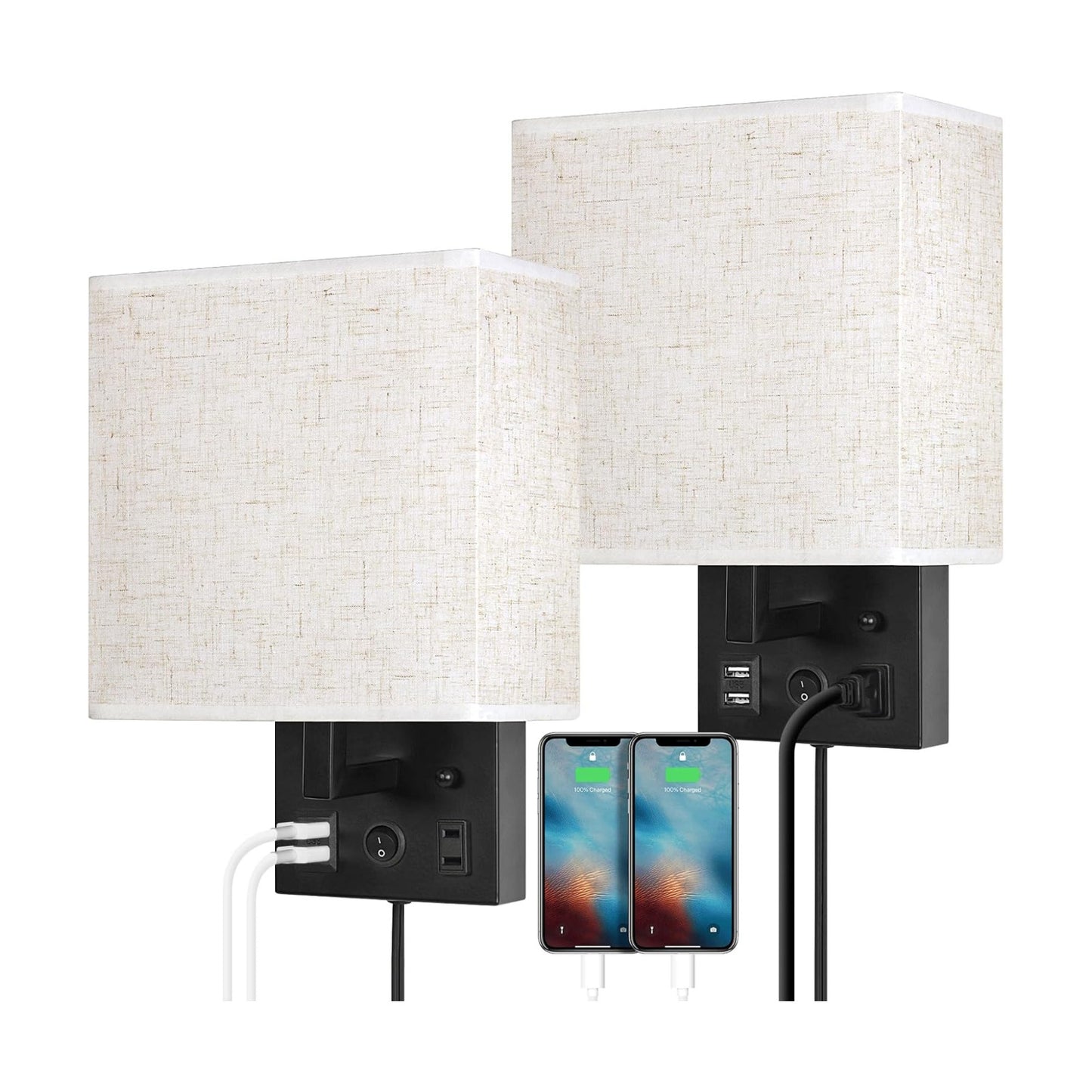 CADUKE Bedside Wall Lamp Set of 2, Plug in Wall Sconce with USB Charging Port and AC Outlet, Modern Black Brushed