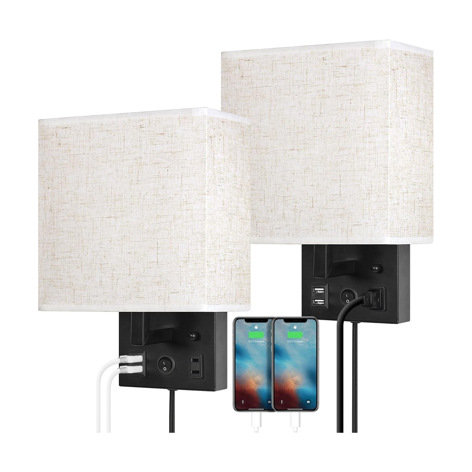 CADUKE Bedside Wall Lamp Set of 2, Plug in Wall Sconce with USB Charging Port and AC Outlet, Modern Black Brushed