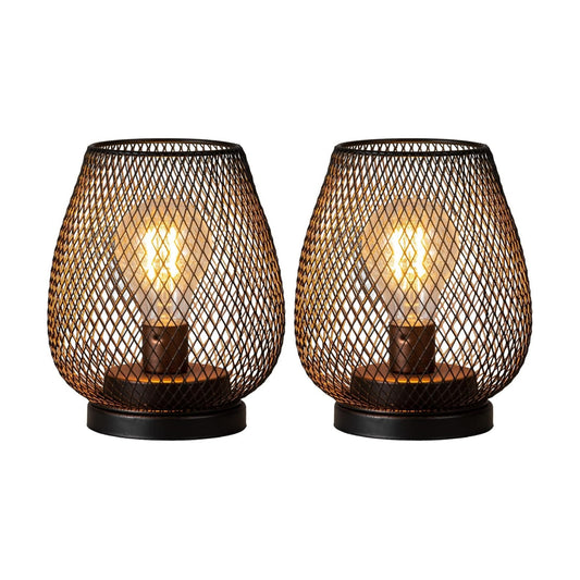 Set of 2 Battery Operated Lamp LED Table Lantern, Brown Metal Cage Cordless Lamps with LED Bulb，Vintage Decorative