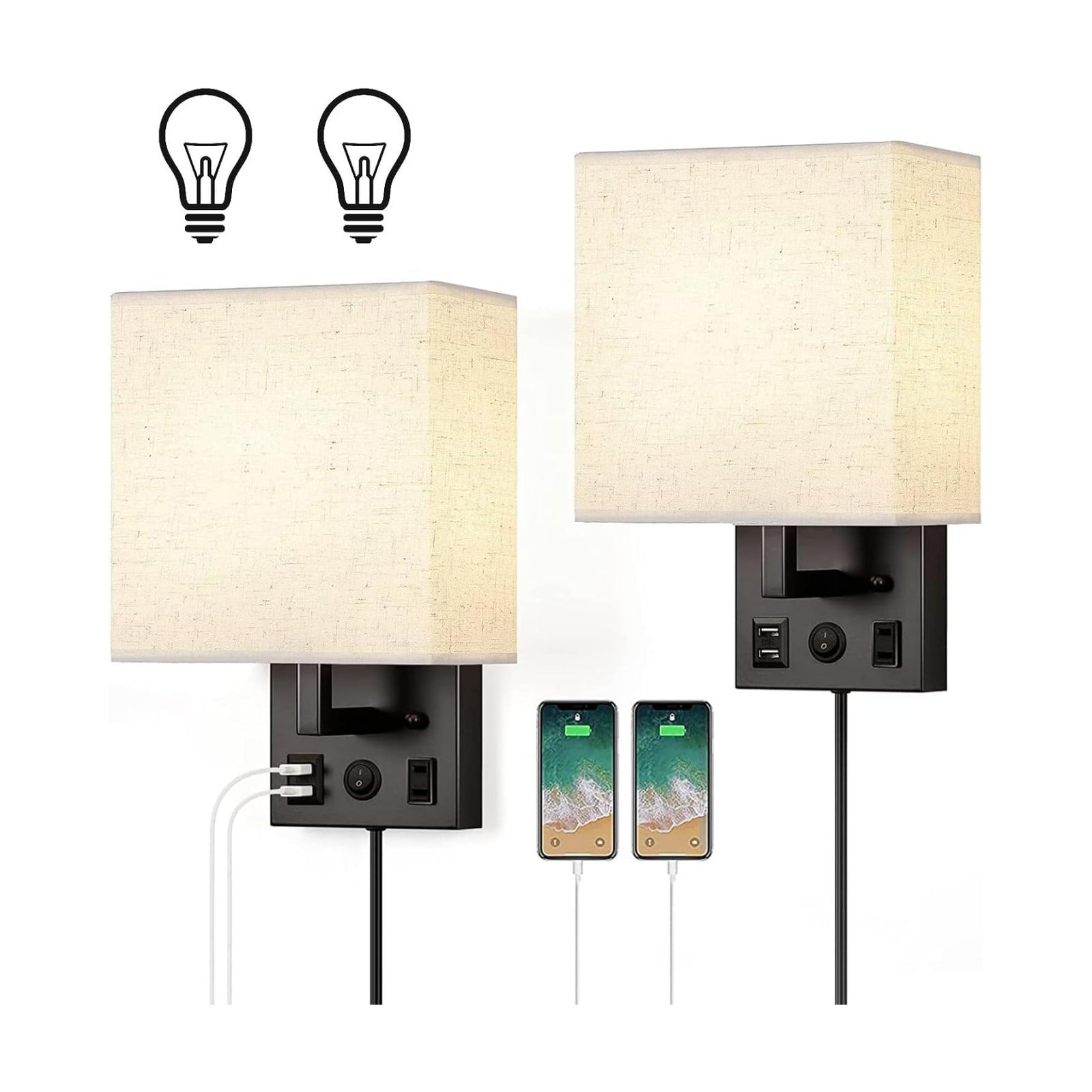 HAITRAL Wall Sconces Plug in with Bulbs - Wall Lamps for Bedroom with USB and Outlet,Sconces Wall Decor Set of 2 with