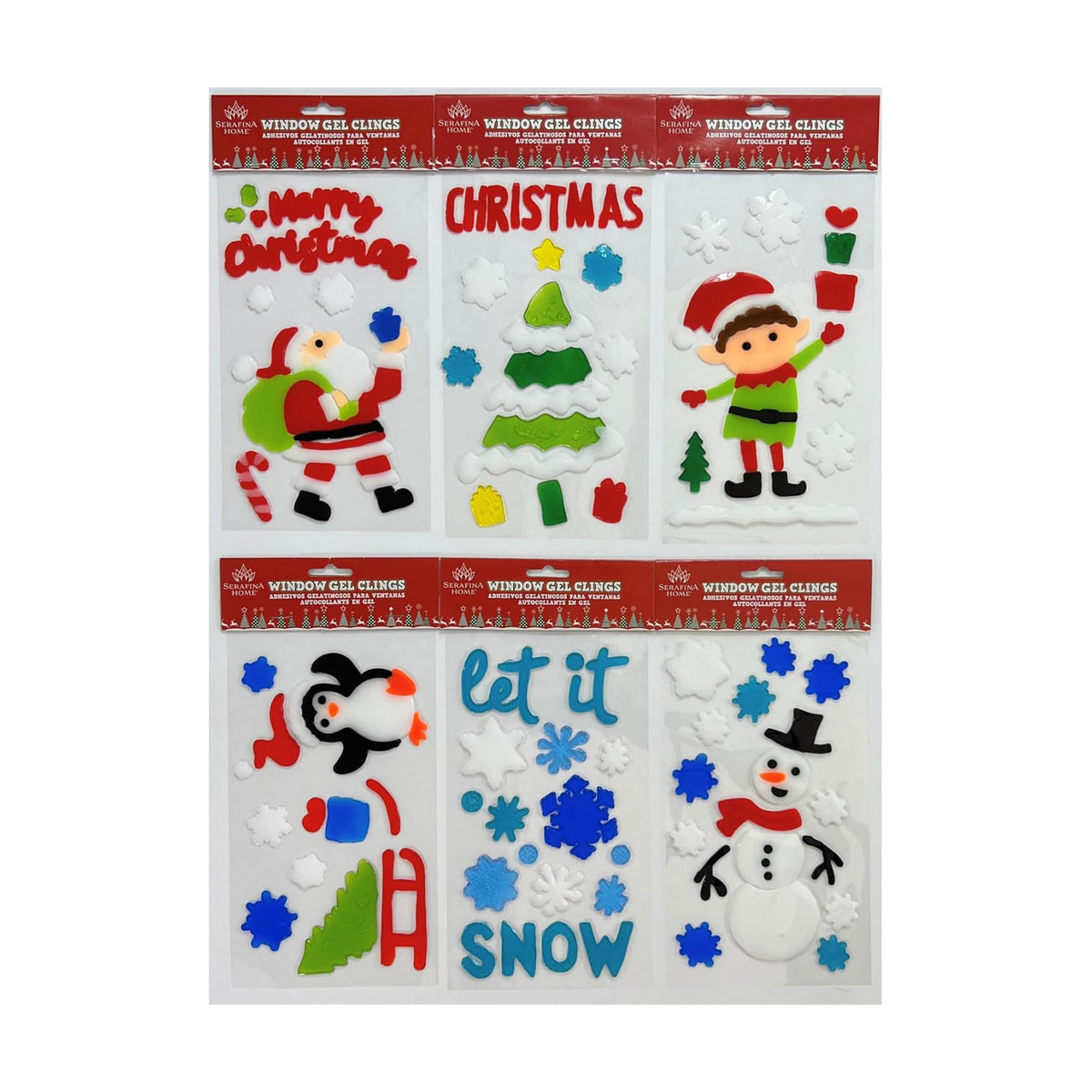 Christmas Window Gel Clings Stickers for Glass & Mirrors, 6 Reusable Sheets