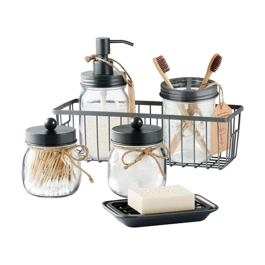 SheeChung Mason Jar Bathroom Accessories Set, 6Pcs Rustic Bathroom Set,Grey | Glass Bathroom Accessory Set, Soap