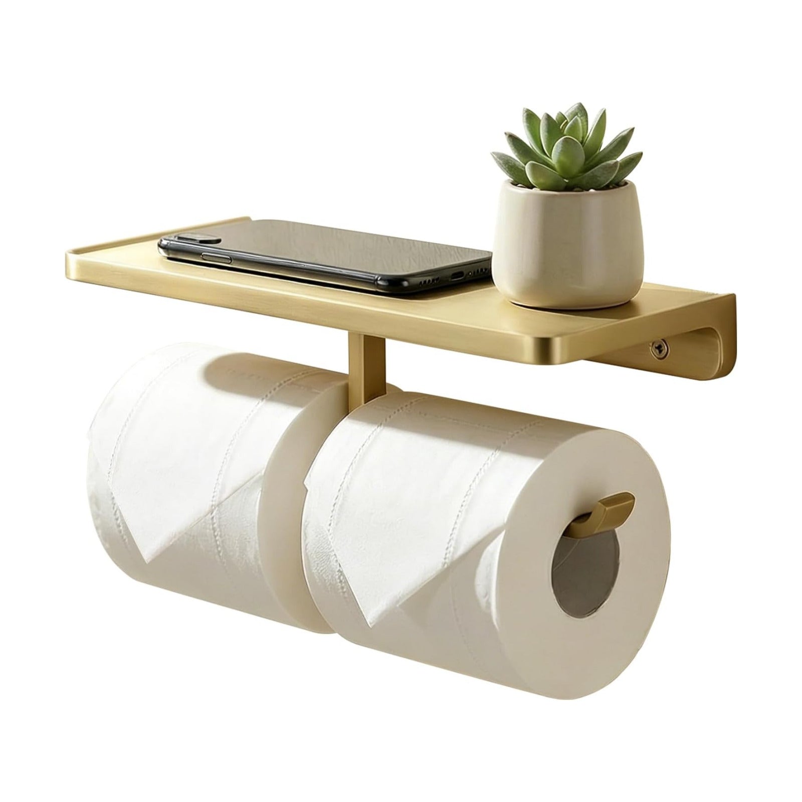 TRUSTMI Brushed Gold Dual Roll Toilet Paper Holder with Phone Shelf | Solid zinc alloy holder holds 11 lbs and fits