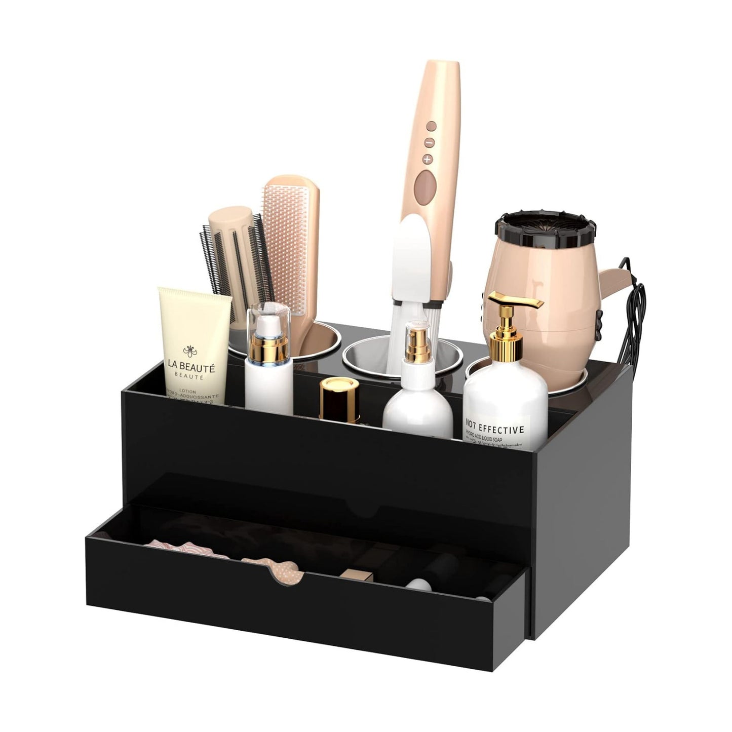 NIUBEE Acrylic Hair Tool Organizer with Drawer, Hair Dryer Holder Organizer | Black, Hot Tools Organizer Countertop