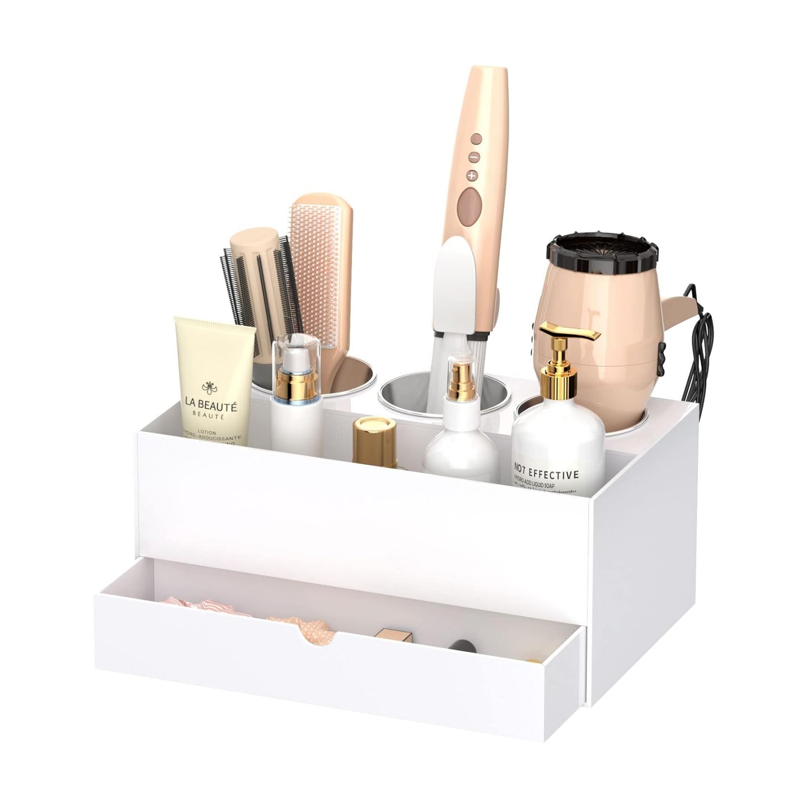 NIUBEE Acrylic Hair Tool Organizer with Drawer, Hair Dryer Holder Organizer | White, Hot Tools Organizer Countertop
