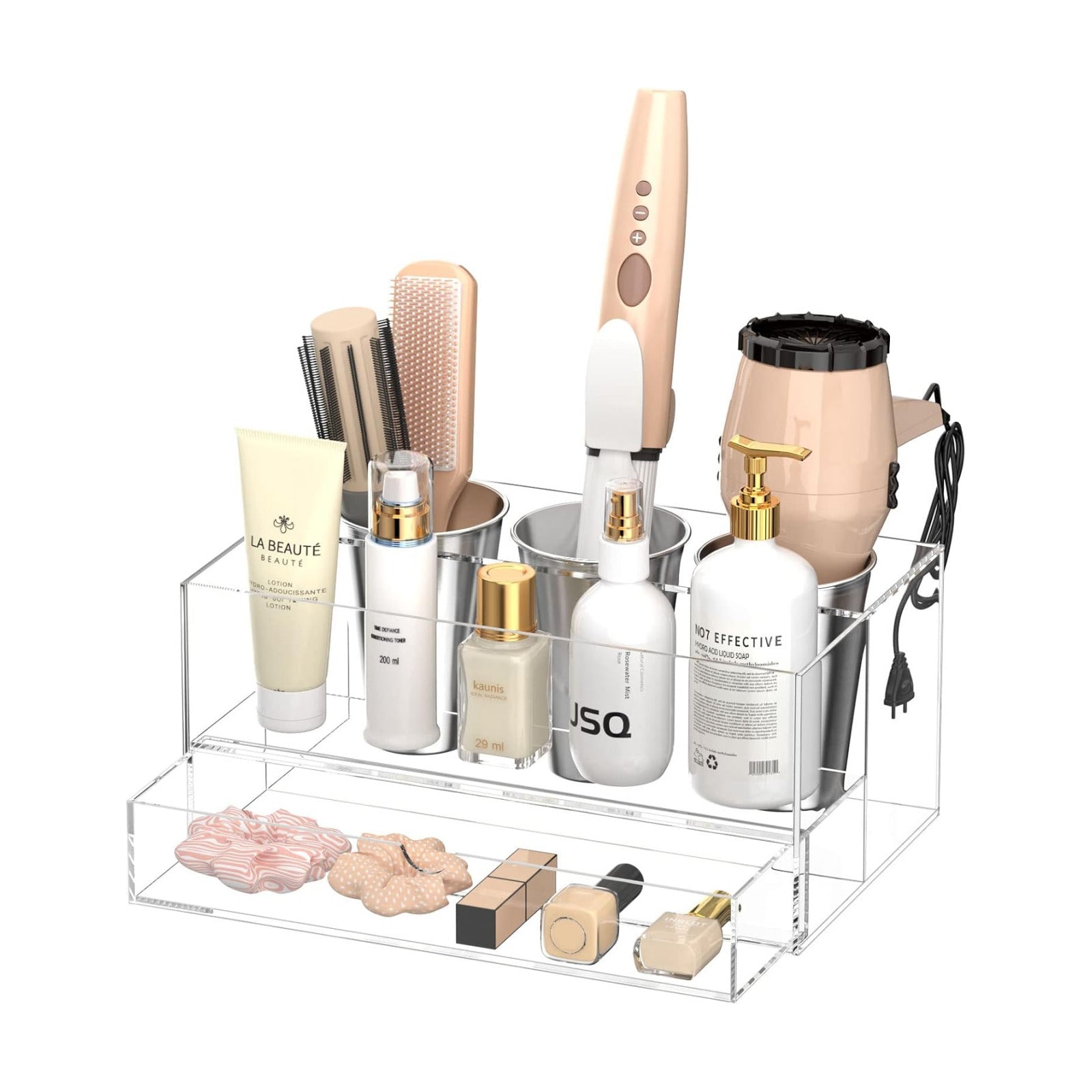 NIUBEE Acrylic Hair Tool Organizer with Drawer, Hair Dryer Holder Organizer | Clear, Hot Tools Organizer Countertop