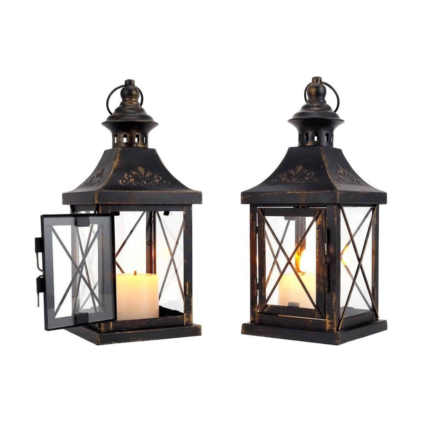 TRIROCKS Set of 2 Decorative Candle Lantern 11'' High Metal Candle Holder Hanging Lantern Perfect for Home Decor