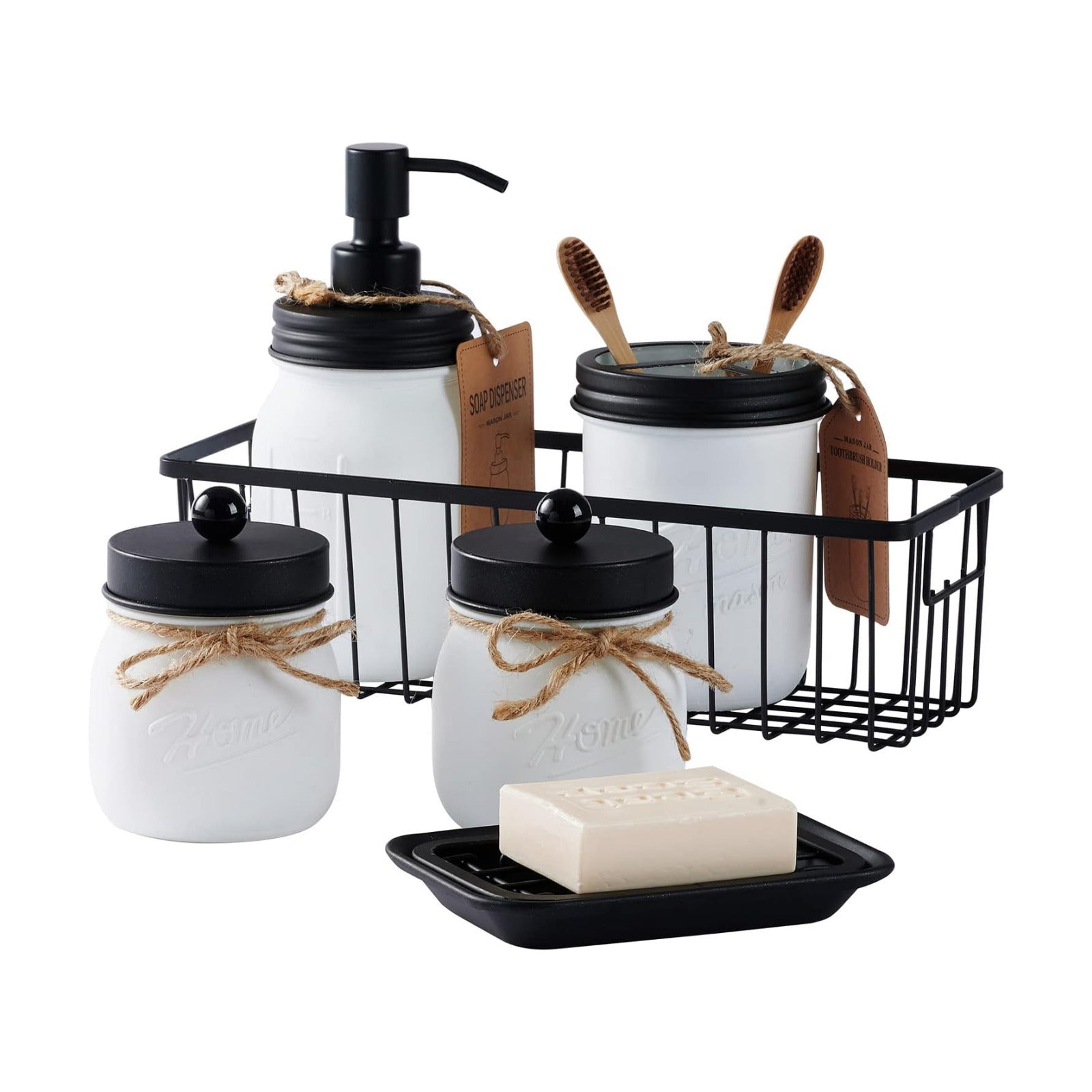 SheeChung Mason Jar Bathroom Accessories Set,6Pcs Rustic Bathroom Set,White | Glass Bathroom Accessory Set, Soap