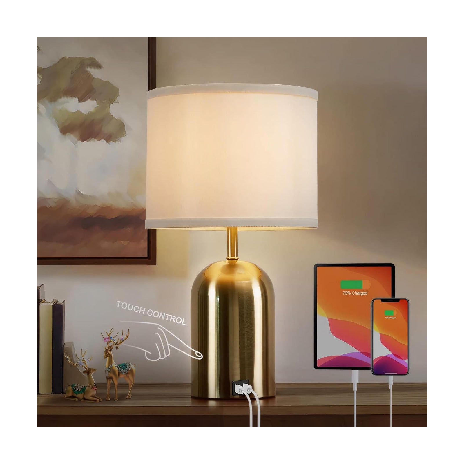 Bedside Lamp with USB Port, Touch Control Table Lamp for Bedroom, Dimmable Modern Nightstand Lamp with Fabric Shade