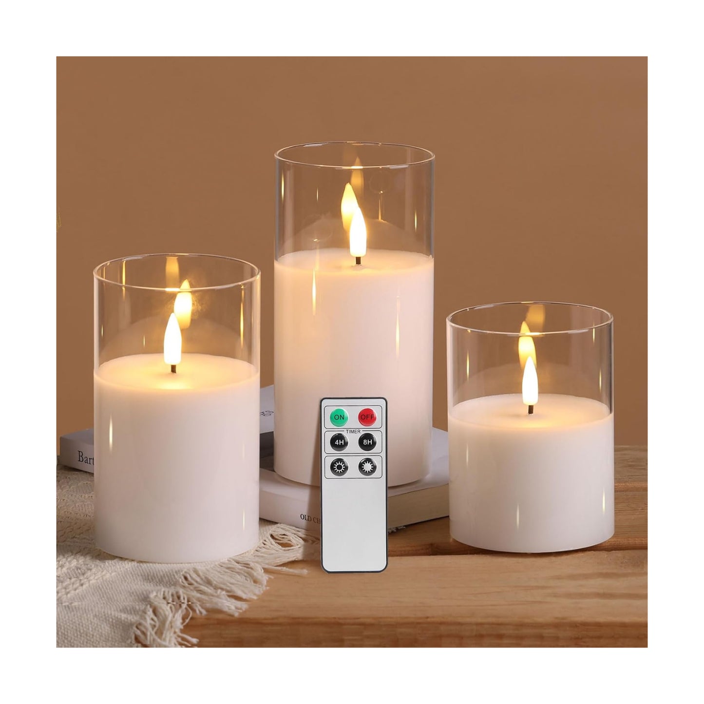 Clear Glass Flameless Candles with Remote Timer, Flickering Battery LED Pillar Candles Set of 3