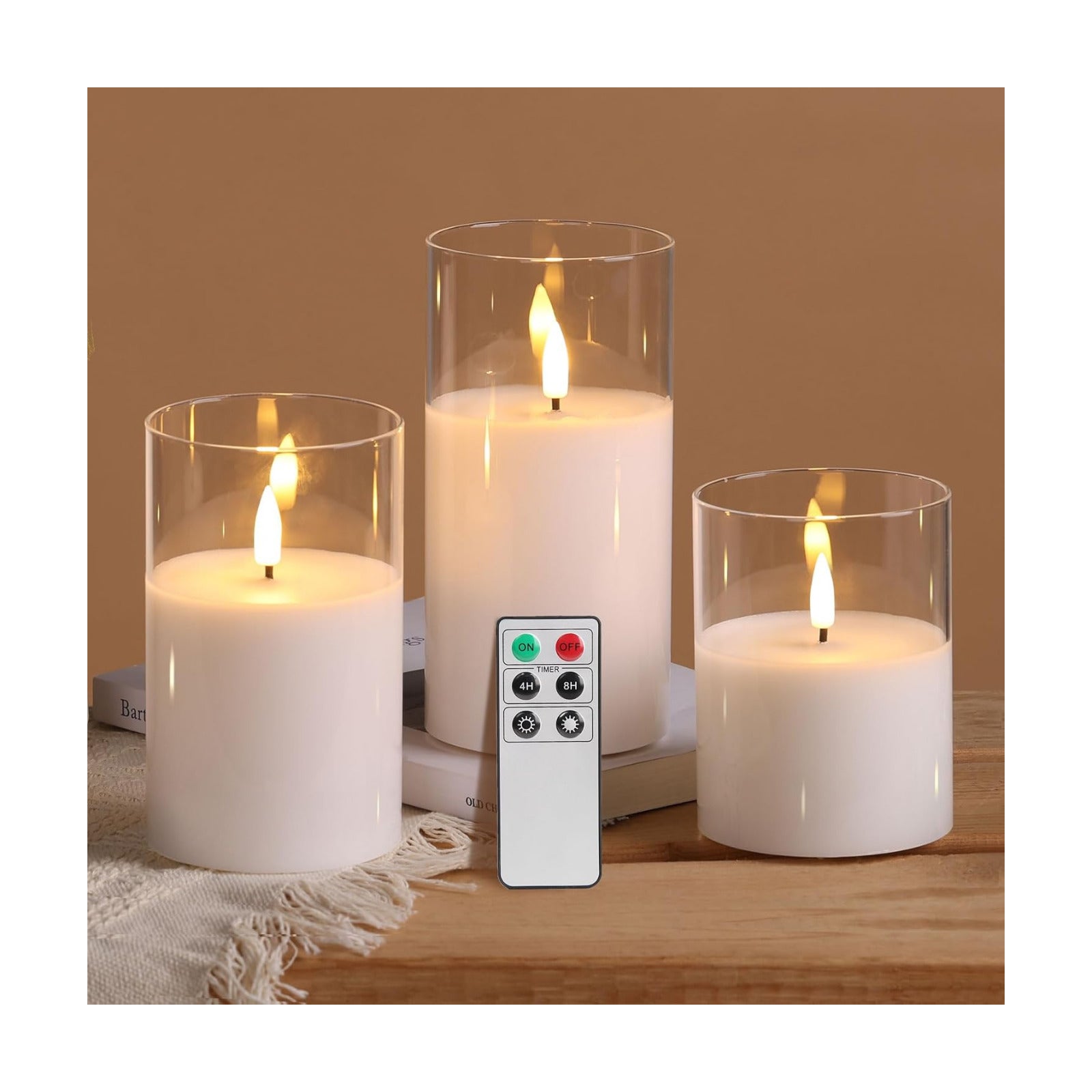 Clear Glass Flameless Candles with Remote Timer, Flickering Battery LED Pillar Candles Set of 3