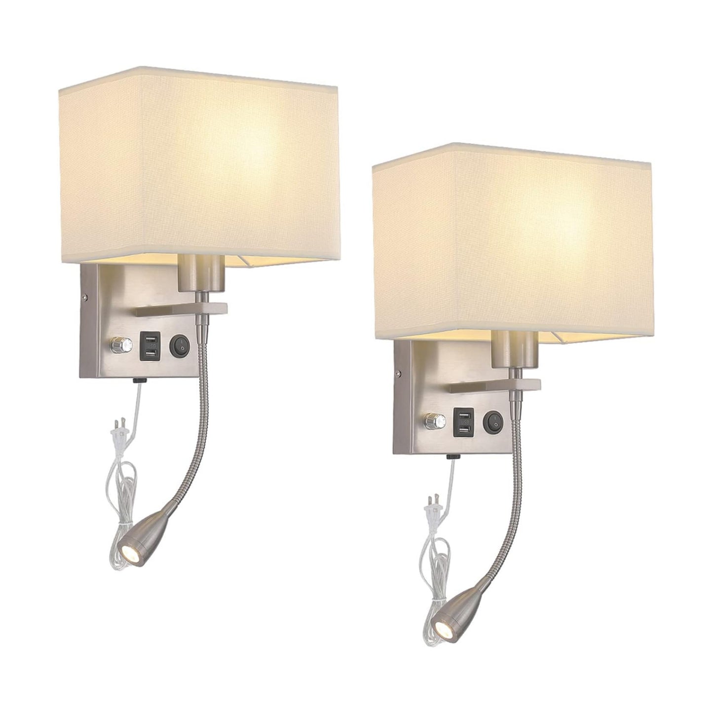 Wall Sconce Plug in Set of 2, Bedside Wall Mount Reading Lights | Bedroom Wall Lighting Fixtures With LED Reading Lamp