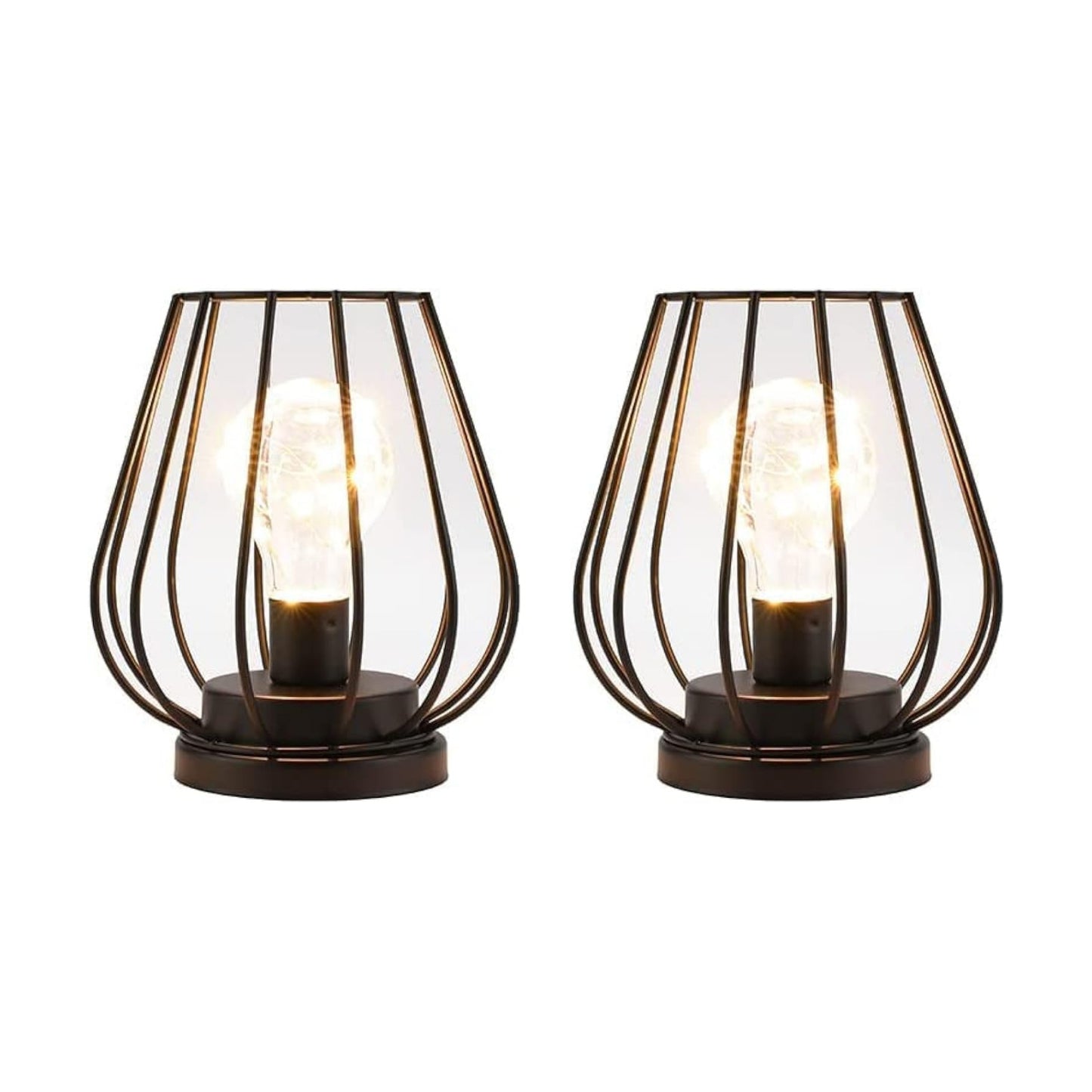 TRIROCKS Set of 2 Metal Battery Operated Lamp 7'' Tall mini Cage Shape Cordless Table Lamp Battery Lanterns with Warm