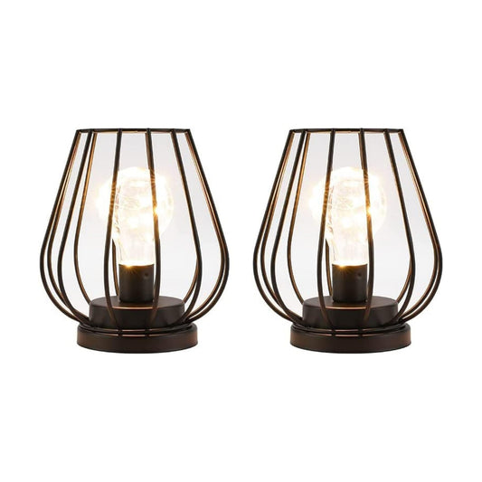 TRIROCKS Set of 2 Metal Battery Operated Lamp 7'' Tall mini Cage Shape Cordless Table Lamp Battery Lanterns with Warm