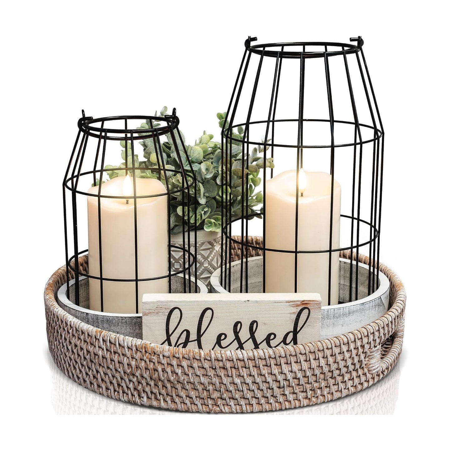 Rustic Farmhouse Lantern Decor Set of 2 - Stylish Decorative Lanterns | Modern Indoor/outdoor Coffee Table Decor for
