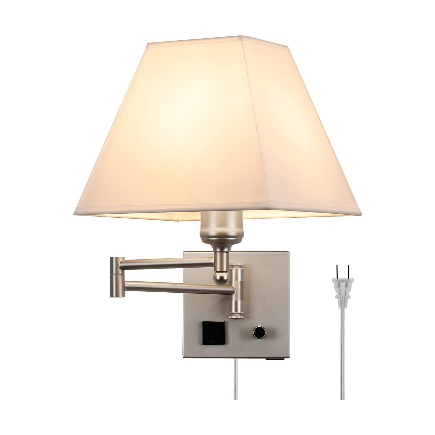 Plug in Wall Light,Swing Arm Wall Sconces with USB Port and Outlet,Wall Lamp with White Fabric Shade Dimmable Switch