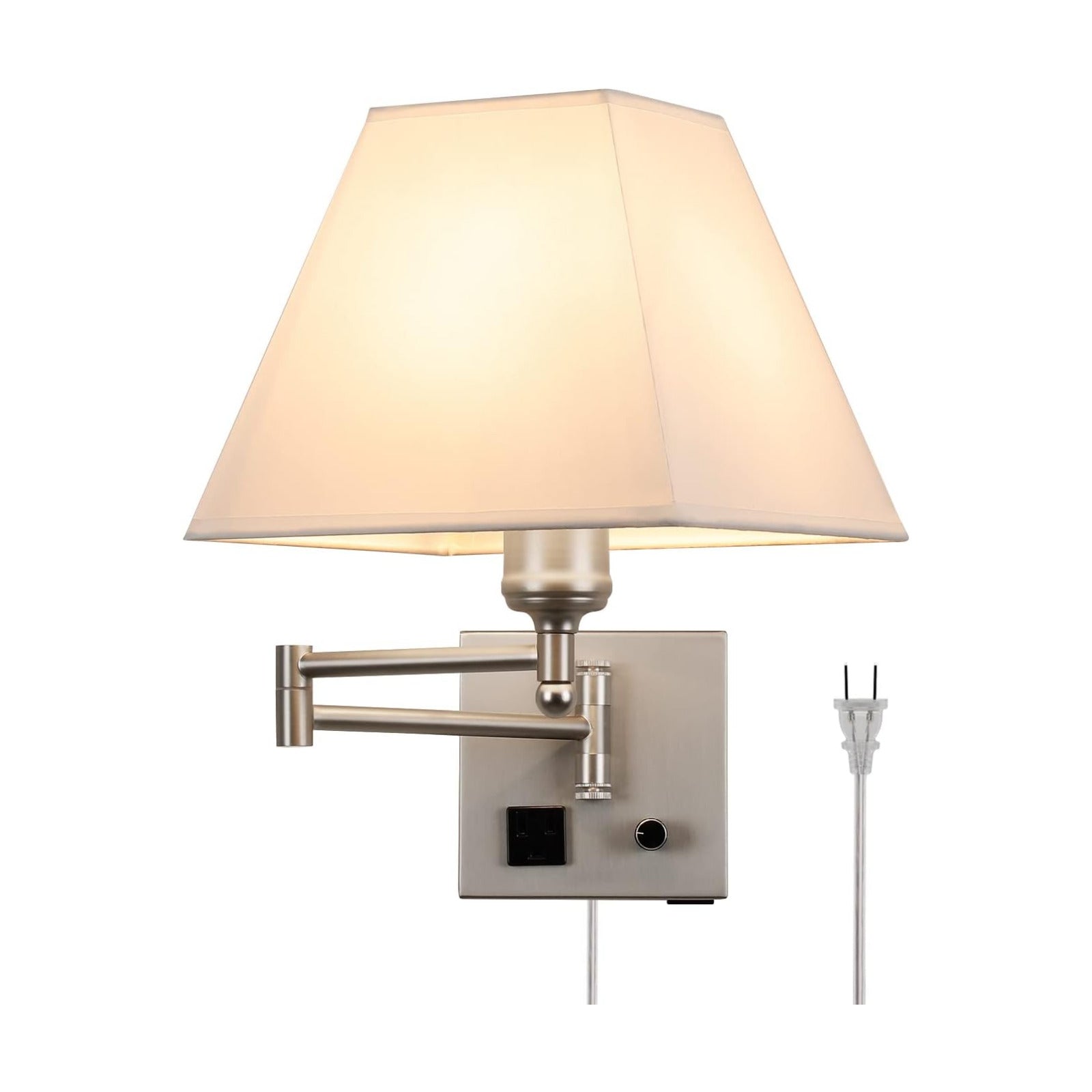 Plug in Wall Light,Swing Arm Wall Sconces with USB Port and Outlet,Wall Lamp with White Fabric Shade Dimmable Switch
