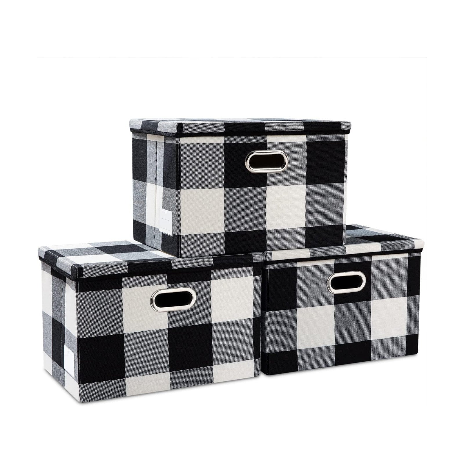 Large Collapsible Storage Bins / Black and White Grid / L / Set of 3