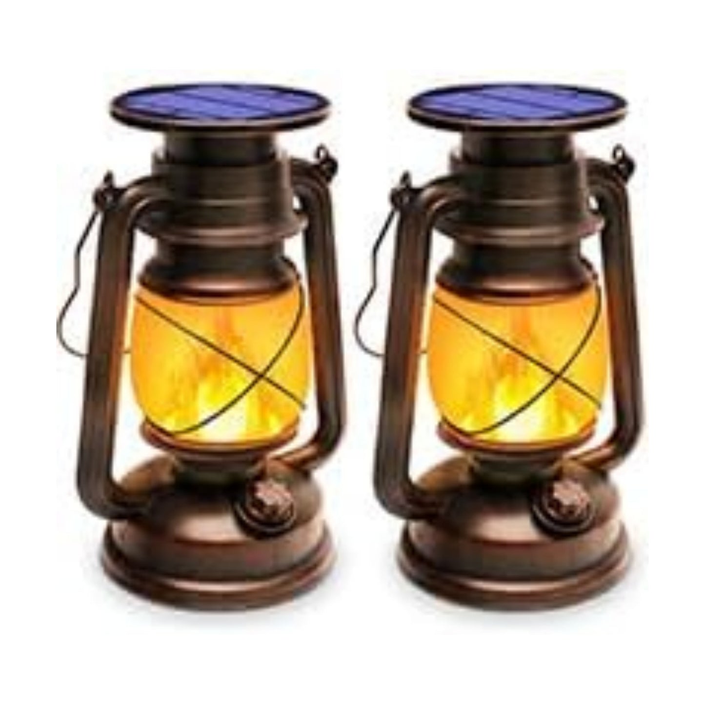 Outdoor Waterproof Solar Lanterns, 2 Pack Vintage Flickering Flame LED Hanging Lights with Auto On/Off, Rustic