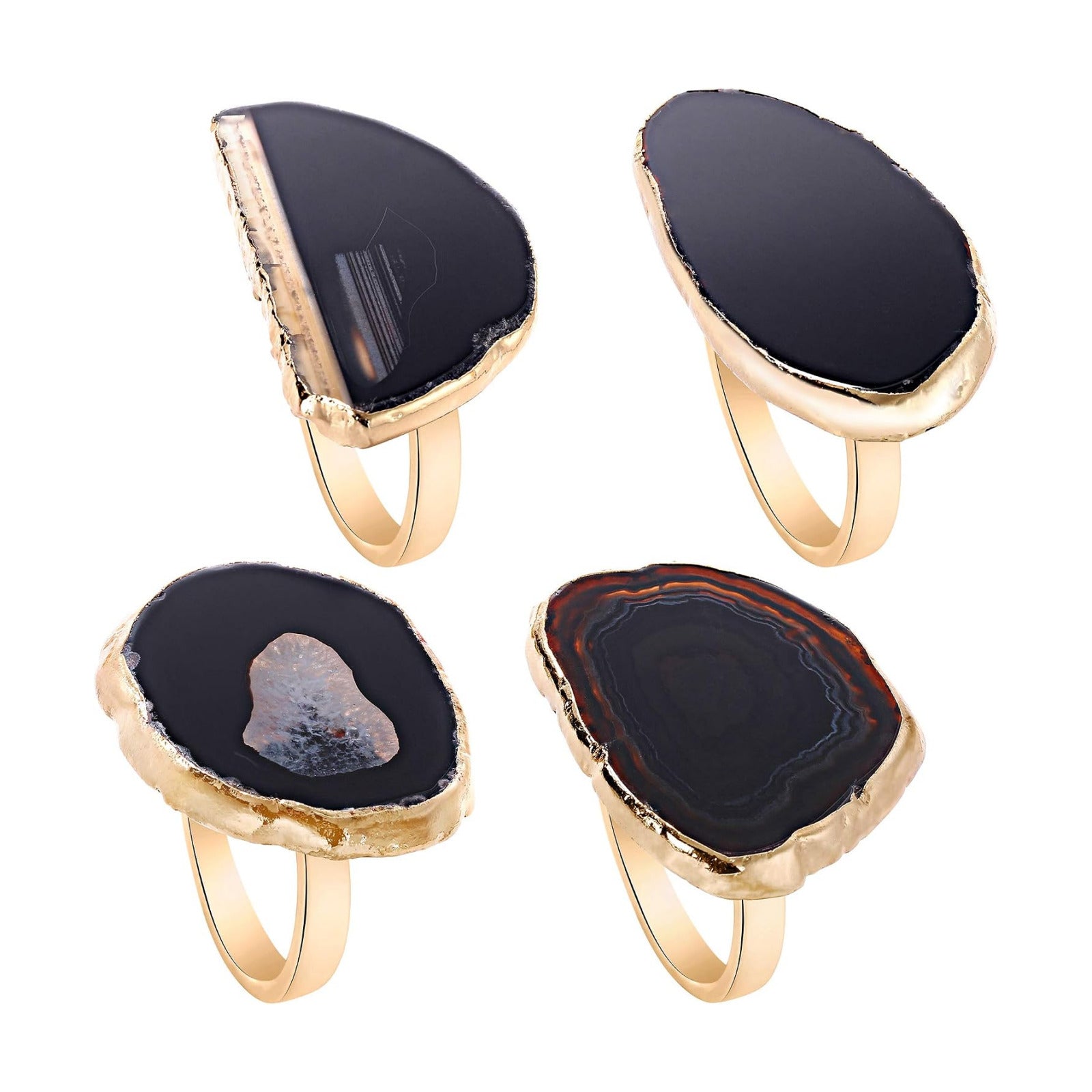 Gold Napkin Rings Set of 4, Black Napkin Rings, Natural Agate Slice | Dinner Table Decor for Parties Holidays Wedding