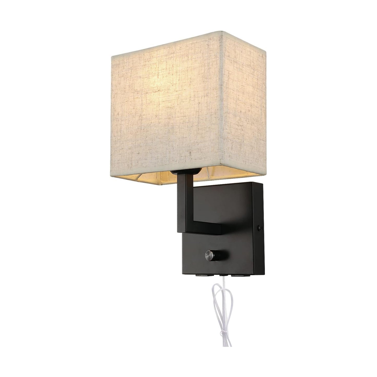 Bedside Wall Mount Light with Dimmer Switch and Two USB Charging Port, Fabric Linen Shade Wall Sconces Light with Plug