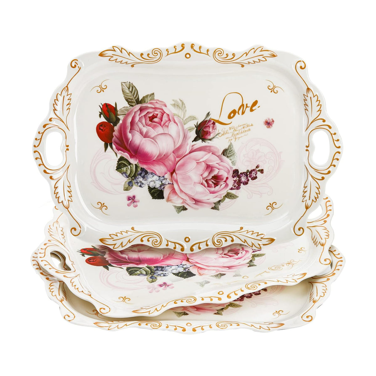 DEAYOU 3-Pack Melamine Serving Tray, Stackable Food Tray with Handles for Eating, Unbreakable Large Serving Platter with Floral Print for Gift, Party, Decor, Home, Restaurant, 16"L x 11"W, Rectangle