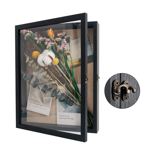 Large Shadow Box Frame 11x14 Display Case Black Graduation Keepsakes Box | Hinged Front Open Door with Tempered Glass