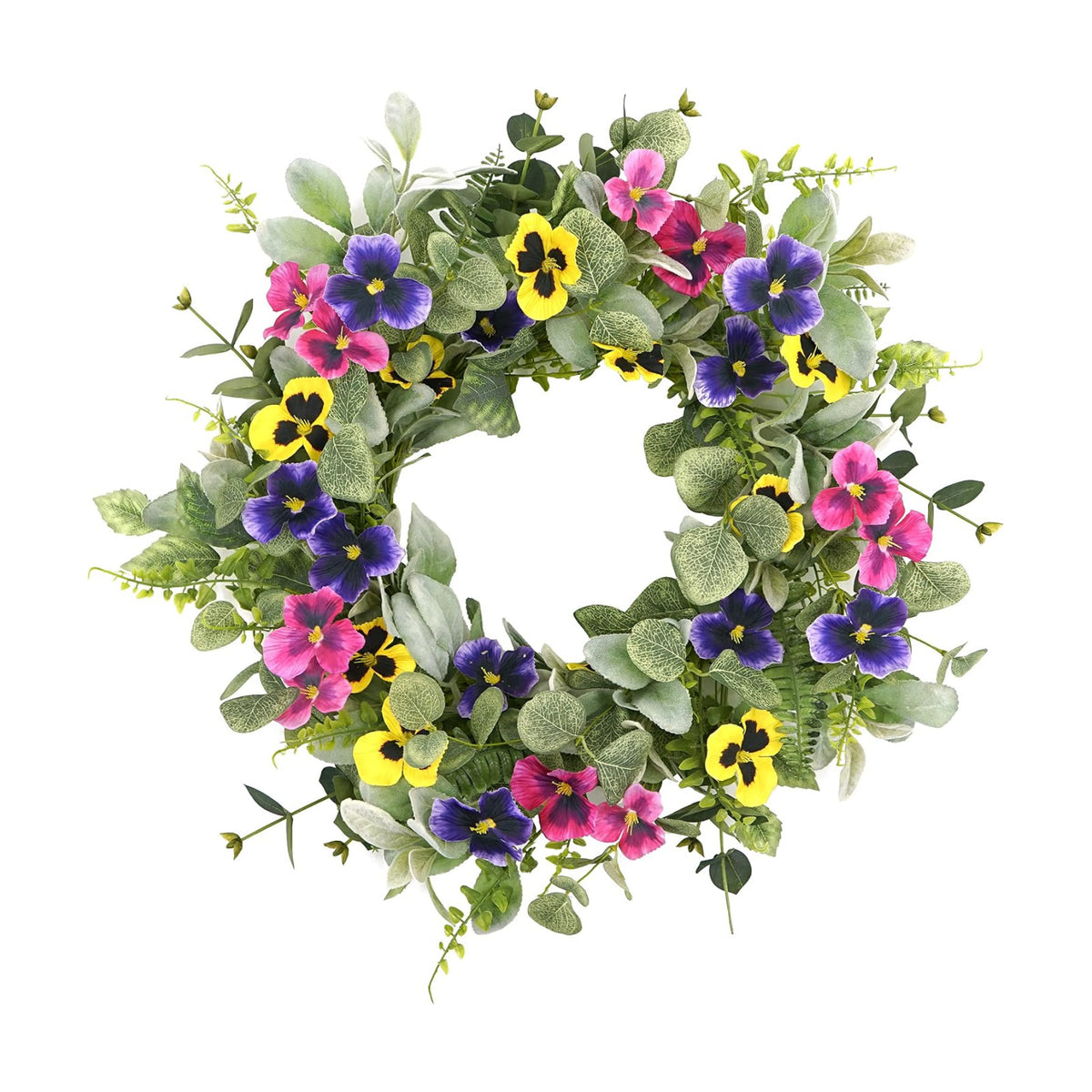 Artificial Spring Summer Wreath with Pansy Flowers,Flocked Lamb Ear Leaves,Eucalyptus Leaves,Fern Branches for Front Door Indoor Outdoor Farmhouse Wall Holiday Decor, White Gift Box Included