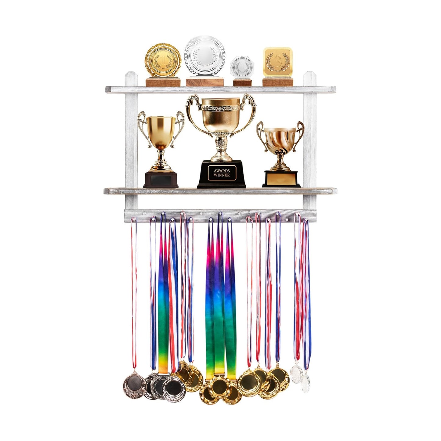 LAVIEVERT Wooden Medal Hanger & Trophy Shelf, Wall-Mounted Race Display with 2 Tier Storage Shelf and 19 Hanging Bars