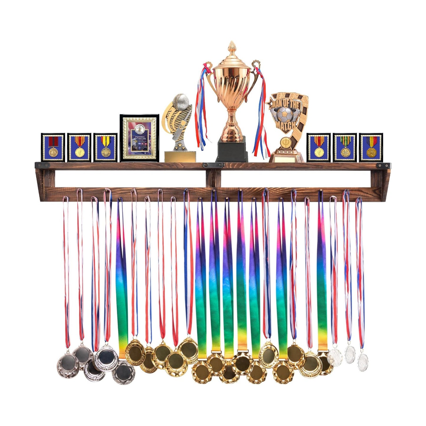 LAVIEVERT Gymnastic Medal Hanger with Storage Shelf, Wooden Wall-Mounted Trophy Shelf, Race Medal Display Rack Holder