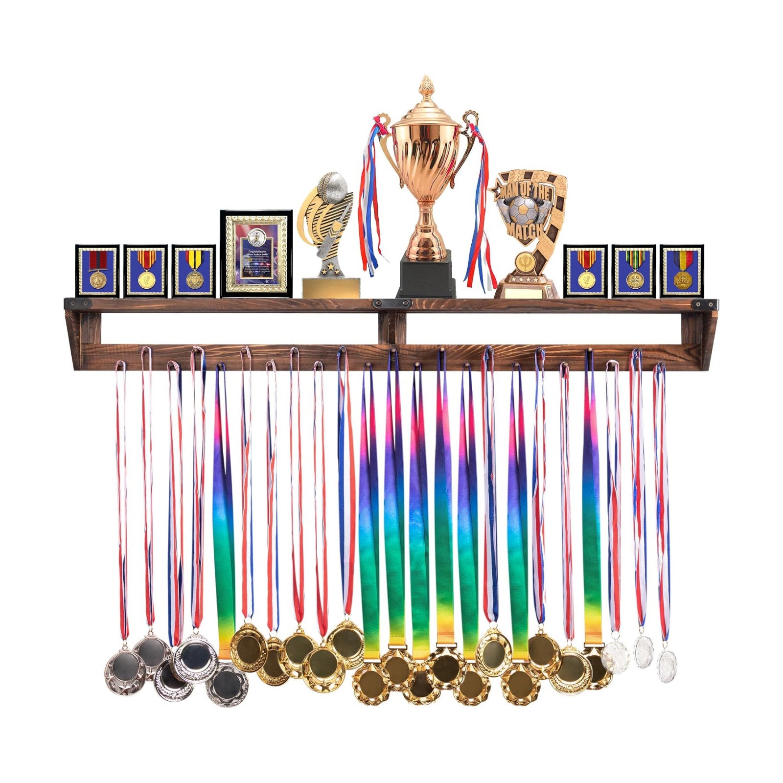 LAVIEVERT Gymnastic Medal Hanger with Storage Shelf, Wooden Wall-Mounted Trophy Shelf, Race Medal Display Rack Holder