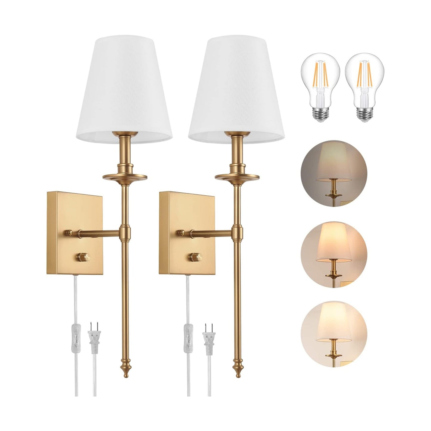 Dimmable Wall Sconces Set of Two, Plug in Wall Sconces White Fabric Shade, Wall Lamp for Bedroom, Living room, Plug in