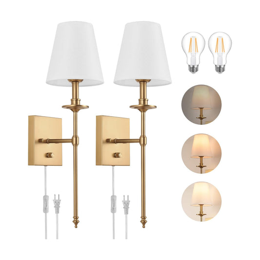 Dimmable Wall Sconces Set of Two, Plug in Wall Sconces White Fabric Shade, Wall Lamp for Bedroom, Living room, Plug in
