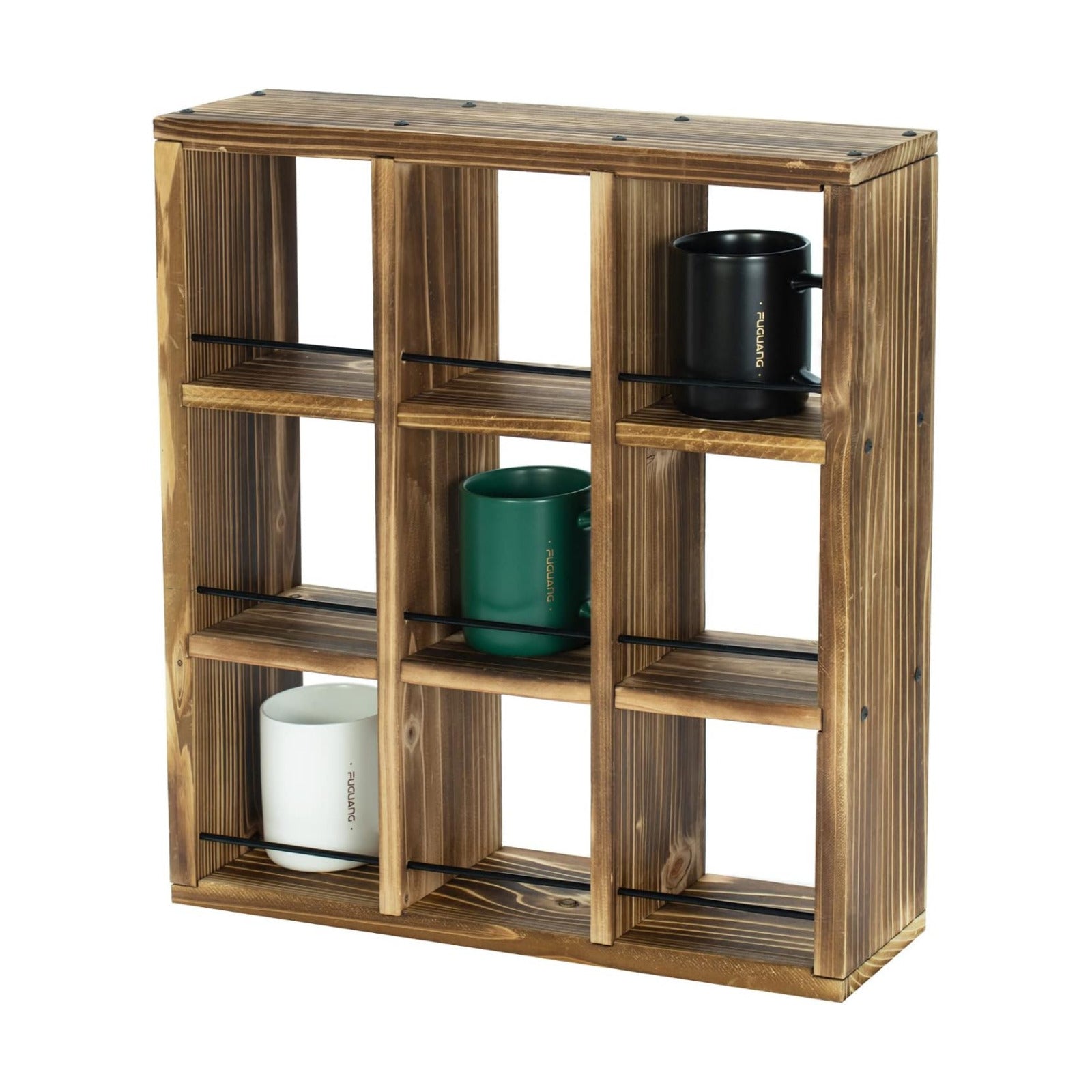 MyGift Wall Mounted Coffee Mug Display Rack – Rustic Burnt Wood Shadow Box Shelf for Collectible Travel Mugs, Cup